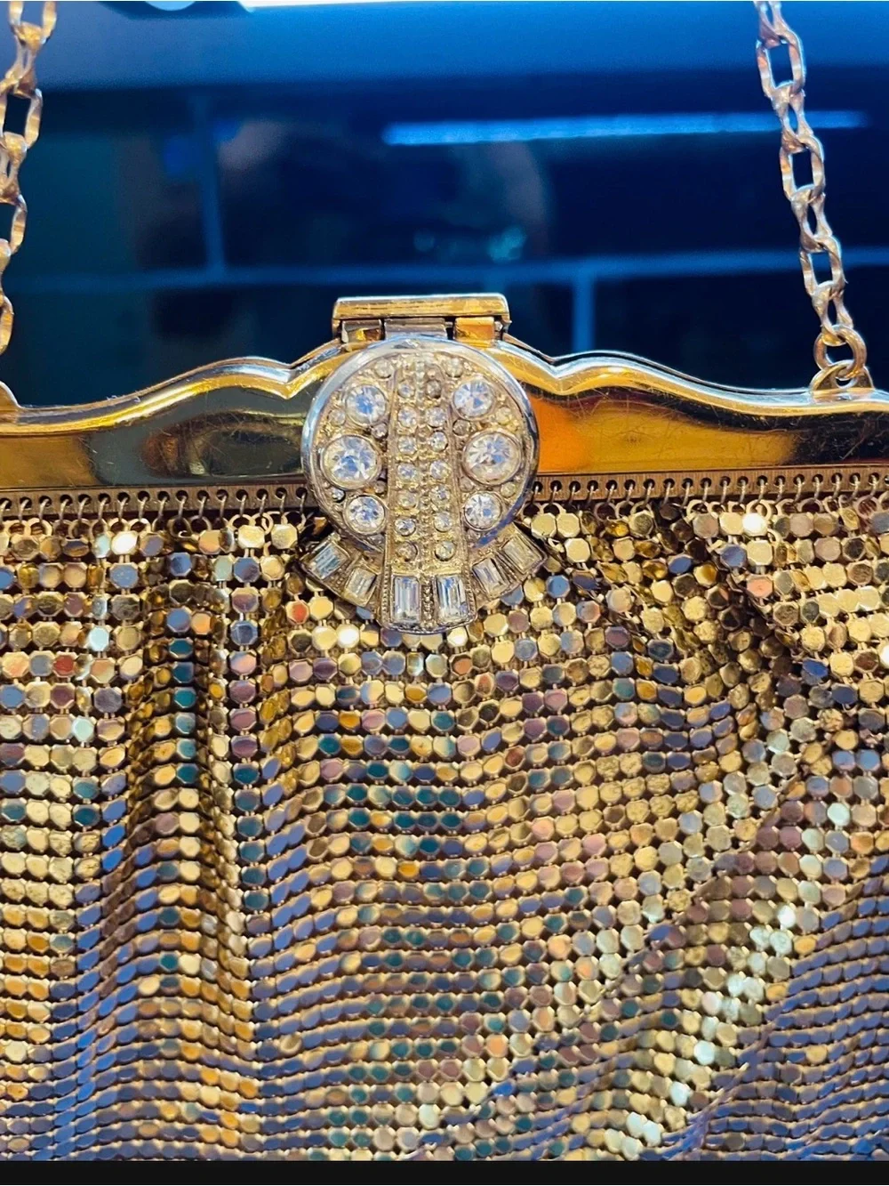 Antique beautiful gold mesh and jeweled evening bag with chain handle